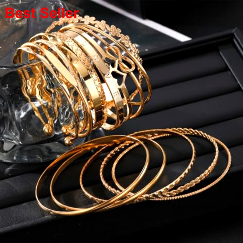 14k Gold Plated Bangle Bracelets Stackable Boho C… - image 6